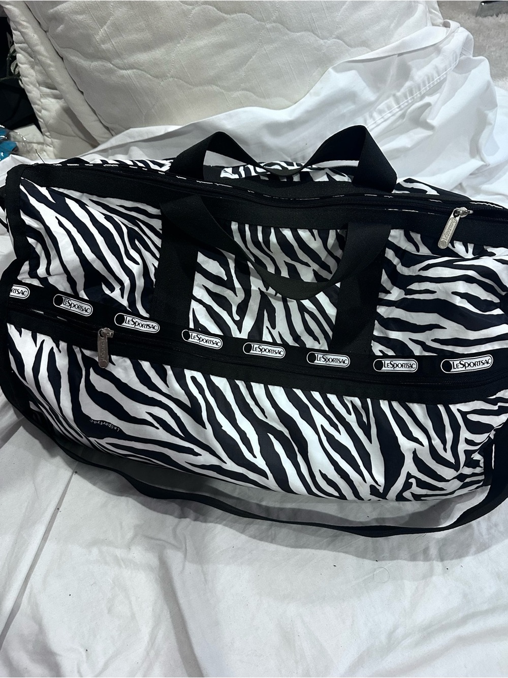 Lesportsac Zebra-Print Duffel Weekender Bag in Black & White